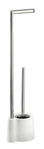 WENKO Brosse WC sur pied Mod. Avola blanche | Stand WC-Porte brosse 2 en 1 avec support papier toilette inox | Design moderne en métal et plastique | DIM (l x h x p) 13 x 70 x 16 cm | Blanc