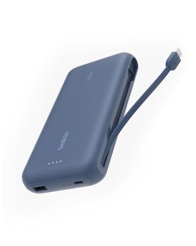 Belkin Batterie Externe (câble intégré, 20K, PD 30 W, Recharge Rapide USB-C Power Delivery, Chargeur Portable pour Tous modèles d’iPhone 16, iPad Pro, Galaxy S25, etc., Bleu)