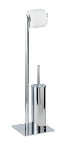 WENKO Serviteur WC 2en1 Recco | Brosse WC à tête remplaçable et dérouleur Papier Toilette | Porte Brosse WC fermé | Haut de Gamme | Acier Inoxydable | 20x71,5x20 cm | Chromé Brillant