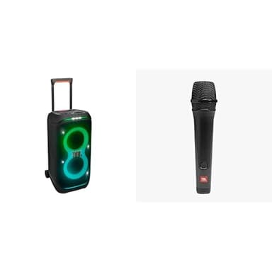 JBL Partybox Stage 320, Enceinte Portable de soirée, roulettes et poignée télescopique intégrés & PBM100 – Microphone Dynamique avec Fil – Accessoire pour série Partybox – Prise Jack