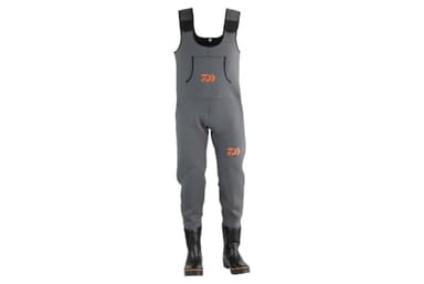 Daiwa D-VEC Waders en néoprène 4 mm, genoux renforcés, poche de poitrine, bottes robustes avec tige en acier, gris, pour pêcheurs (taille 44/45)