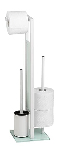 WENKO Combiné WC Rivalta | 3 en 1| Brosse WC et Dérouleur Papier Toilette | Stockage Papier | Tête de Brosse remplaçable | Acier INOX Blanc et Verre trempé| 18x70x23 cm | Blanc