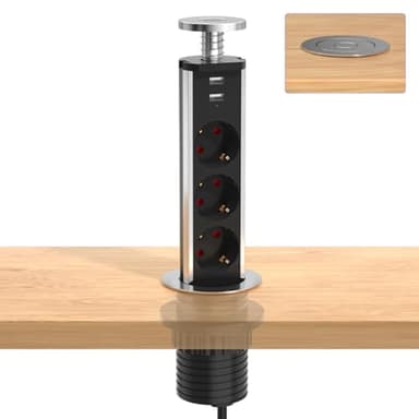 Meisax Multiprise Encastrable Bloc avec 3 Prises 2 USB Diamètre 60mm Câble 1,8m, Prise Escamotable Plan de Travail pour Cuisine Bureau Chambres Salon (Argent)