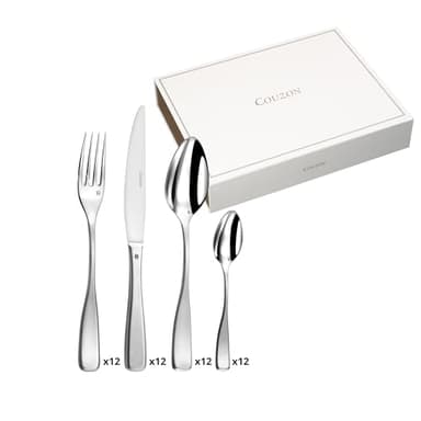 COUZON - Ménagère 48 couverts de table pour 12 personnes en coffre bois - Millenium - Acier inoxydable 18/10, Finition Satinée, Epaisseur 3.5 mm - Inox