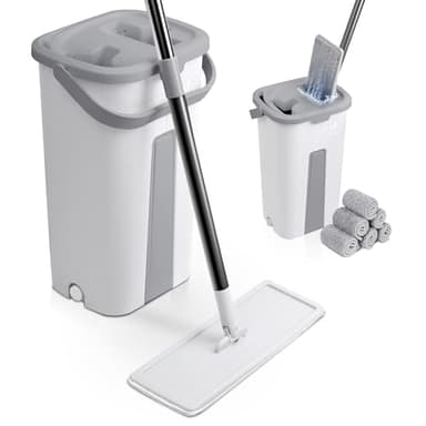 VOUNOT® Balai Microfibre et Seau Essoreur avec 6 Serpillères Réutilisables Balai Plat Seau Auto Lavage Double Compartiment Humide et Sec Manche INOX Rotatif 360° Tous Type de Sol Blanc