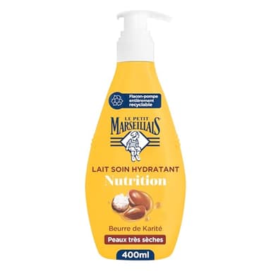 Le Petit Marseillais – Lait Soin Hydratant Nutrition (Flacon-Pompe de 400 Ml) – Lait Corps pour Peaux Très Sèches Hydratation 24H – Lait Corporel au Beurre de Karité, Amande Douce et Huile d'Argan