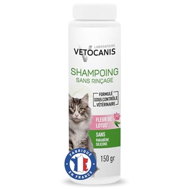 Vetocanis | Shampoing pour chat | Shampoing Sec en Poudre | Absorbe l'excès de Sebum et de Saletés | A base de Talc | Toilettage du Chat | Formulé sous Contrôle Vétérinaire | Fabriqué en France | 150g