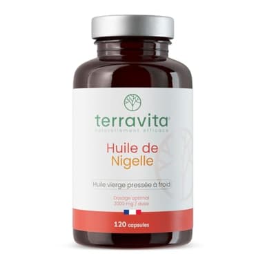 Huile de NIGELLE | 2000 mg d’Huile de Cumin Noir Vierge | 120 Capsules de 500 mg avec Vitamine E | Première Pression à Froid | Peau, Cheveux, Immunité et Digestion | Made in France | Terravita