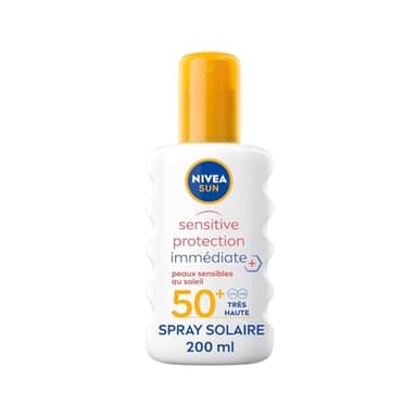NIVEA SUN - Spray Solaire Sensitive Protection Immédiate FPS 50+ - Protège Des UVA/UVB & Irritations Du Soleil - Aloe Vera, Antioxydants - Formule Non Parfumée & Non Grasse - Peaux Sensibles - 200 ml