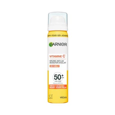Garnier - Brume Anti-UV Booster d'Éclat - SPF 50+ - Fini Invisible - Protège, Prévient les Taches & Booste l'Éclat - Soin Visage Enrichi en Vitamine C - Tous Types de Peau - 75 ml