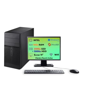 PC Bureau Complet Reconditionné – Intel Core i3 | 16 Go RAM | SSD 250 Go + HDD 500 Go | Windows 11 Pro | Écran 19’’ + Clavier & Souris – Prêt à l’Emploi (Reconditionné) (Ecran 19", Intel I3)