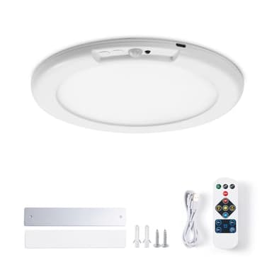 Leselux Plafonnier LED avec Detecteur de Mouvement, 6000mAh Rechargeable Plafonnier Sans Fil avec Télécommande, Ø19CM Rond Lampe Plafond 3000K-6500K Dimmable, pour Escalier Couloir Garage, Sans Percer