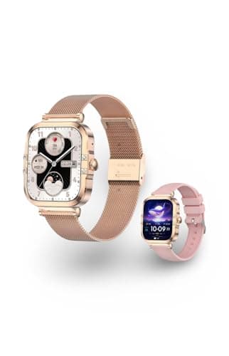 Luxora Montre Connectée Femme – Écran AMOLED 1,75" – Appels Bluetooth – NFC – Étanche IP68 –SOS - Bracelet Doré (Doré)