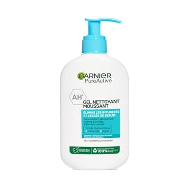 Garnier Pure Active - Gel Nettoyant Moussant - Purifie, Hydrate & Élimine Les Impuretés - Acide Hyaluronique, Céramide, Argile - Vegan & Cruelty Free - Tous Types de Peaux - 250 ml
