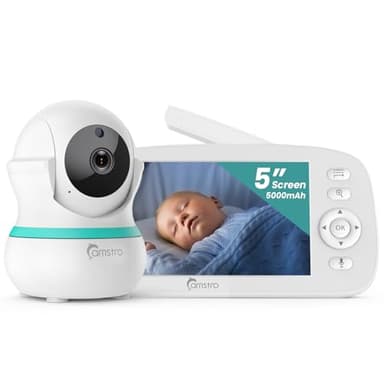 CAMSTRO Babyphone Caméra, 5" BabyPhone 360° Zoom 4X Vision Nocturne Audio Bidirectionnel, 5000mAh Batterie, Rappel Alimentation, Berceuses, Détection Pleurs VOX sans WiFi, Détection Température