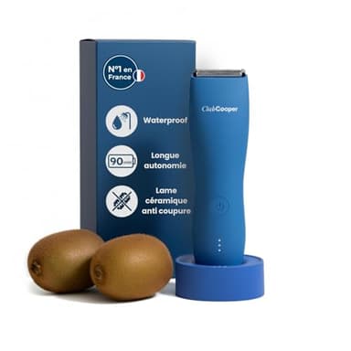 Tondeuse Intime Homme ClubCooper – Anti-Coupures pour Zones Sensibles – Lame Céramique – Waterproof IPX7 – Rasoir Corps Homme Pubis & Testicules – 3 Sabots 3/6/9 mm – USB-C (Bleu)