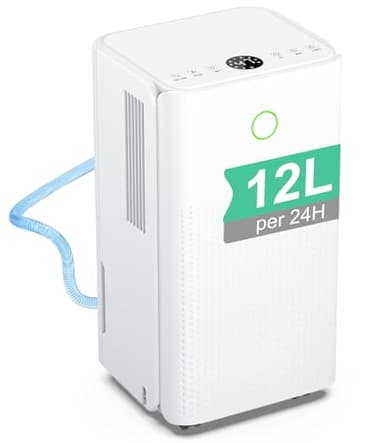 Deshumidificateur d Air 12 Litres/24h, Déshumidificateur Électrique avec 3 Modes, Silencieux, Minuterie de 24h, Drainage Continu, Roues 360°, Efficace Contre l'Humidité pour Maison/Appartement/Cave