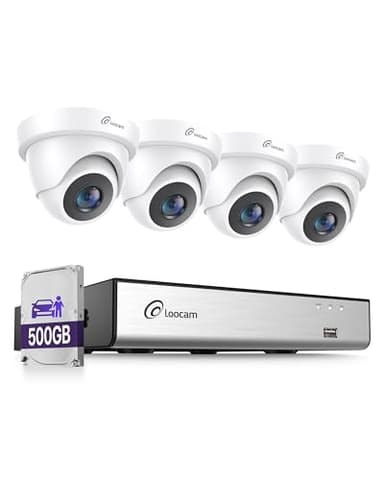 Loocam Kit Caméra de Surveillance, 8CH 5MP Lite DVR H.265+ avec SSD 500G, 4 Caméra de Sécurité, Détection AI Humaine et de Véhicules, Vision Nocturne, Extérieure IP66, App Gratuite