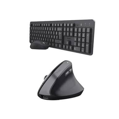 Trust Ymo II Pack Clavier AZERTY Français et Souris sans Fil Silencieux + Yuno Souris Ergonomique Verticale sans Fil Rechargeable, Set pour PC Ordinateur Portable Windows Mac - Noir
