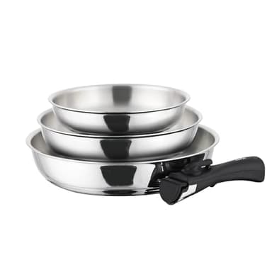 TeCuisine – Lot Coffret de 3 Poêles Inox 18/10 Triply – 20/24/28 cm – Avec Manche Amovible – Sans Revêtement – Sans PFAS, PFOA, PTFE – Compatible Tous Feux Dont Induction – Cuisson Saine et Durable