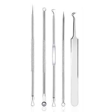 Rnitle 5 Pièces Blackhead Remover Outil,Pimple Extractor Acne aiguille Blackhead Remover Set,d’extracteur de point-noir,Acier Inoxydable Point D'acné Comédon Extracteur Pince À Épiler Kit(Argent)