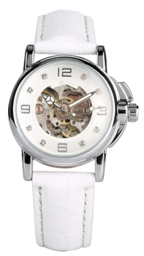 Montre automatique de luxe pour femme en cuir blanc étanche mécanique squelette, blanc, Montre squelette, mécanique, montre automatique