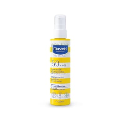 Mustela Spray Lait Solaire Spf 50, Visage, Corps, Avocat et Vitamine E, Bébé, Enfant, Famille entière, Grossesse - Très haute protection contre les UVB et UVA (200ml)