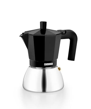 Monix Induction Inox | Cafetière italienne en aluminium et acier inoxydable, 6 tasses, poignée résistante à la chaleur, facile à laver, pour tout type de cuisinière dont l’induction, couleur noire
