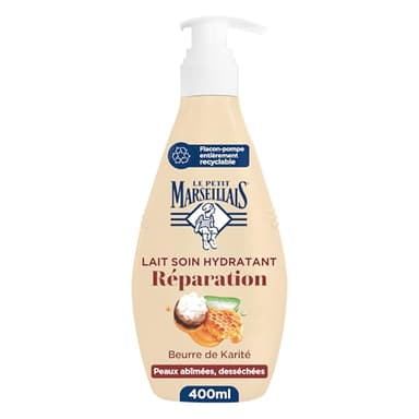 Le Petit Marseillais – Lait Soin Hydratant Réparation (Flacon-Pompe de 400 Ml) – Lait Corps pour Peaux Abîmées et Desséchées Hydratation 24H – Lait Corporel au Beurre de Karité,Aloes et Cire d'Abeille