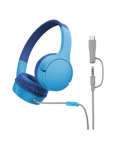 Belkin SoundForm Mini Casque Audio Enfant Filaire avec connecteurs USB-C et 3,5 mm, Micro et Autocollants, Volume de 85dB Max., pour apprentissages en Ligne, Voyages, iPhone, iPad, Galaxy, etc - Bleu