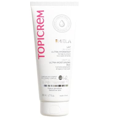 Topicrem - Mela, Lait Unifiant Ultra Hydratant Corps - Hydrate 24h, Unifie le Teint, Corrige et Prévient l’Apparition des Taches - Texture Onctueuse - Peaux Sensibles - Nouvelle Formule 200ml