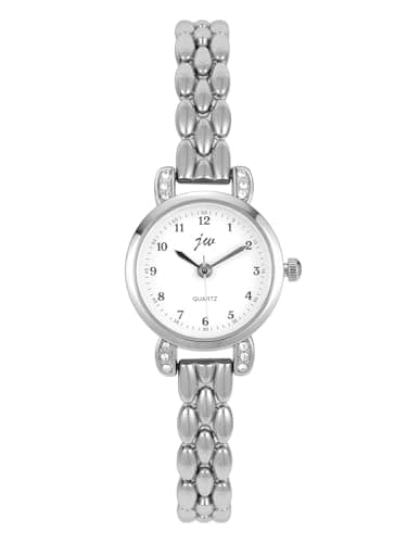 JSDDE Montre Femme Quartz Bracelet Métal Brillant Strass Montres Analogique Quartz Petite Cadran Rond Chiffres Arabes Montre Habillée Boîtier Blanc Facile à Lire Heures Minutes Poignets Fins (Argent)