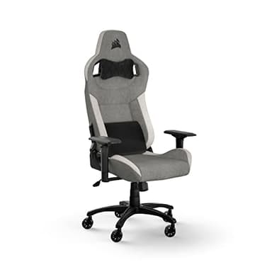 Corsair T3 RUSH Fabric (2023) Fauteuil Gaming – Inspiré des Sports Automobiles – Revêtement en Tissu Doux – Coussin Détachable pour La Nuque et Support Lombaire à Mémoire de Forme – Gris et Blanc