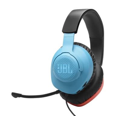 JBL Quantum 100N, casque gaming circum-auriculaire filaire, micro amovible, QuantumSURROUND Signature, comfortable, compatibilité multiplateformes et Windows Sonic Spatial Sound, en rouge et bleu