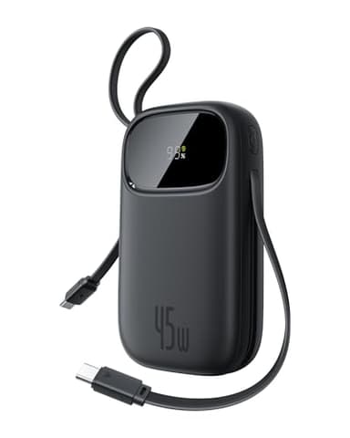 Baseus Powerbank 20000mAh 45W avec 2 Câbles USB-C Intégrés, Power Bank PD3,0 QC4,0 Batteries Externes Charge Rapide, 3C et 1 A, Chargeur Portable pour iPhone 17/16/15 Pro Max, iPad, Samsung, Noir