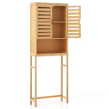 LIFEZEAL Meuble de Rangement au-Dessus des Toilettes en Bambou, Meuble de Rangement WC avec Porte et Étagère Ouverte, Dispositif Anti-basculement, 62 x 23 x 170 cm