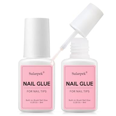 Sularpek 2Pcs Colle Faux Ongles, 8ml Colle à Ongles Extra Forte avec Brosse, Séchage Rapide Professionnel Colles pour Ongles Acrylique pour Faux Ongles Collés, Répare les Ongles Cassés