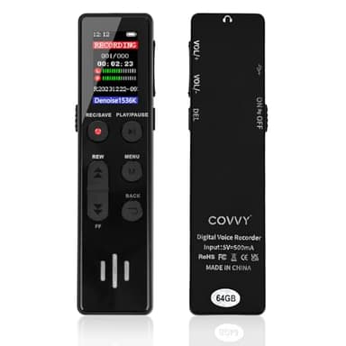 Enregistreur vocal numérique COVVY 64 Go, enregistreur sonore portable avec lecture, mini appareils d'enregistrement HD pour entretien/cours/réunion
