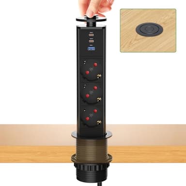 Multiprise Encastrable PD 30W USB C1, Bloc Prise Escamotable 3 Prises avec USB, Prise Plan de Travail Table, 4000W/16A, Ø 60mm Câble 1,8m - pour Cuisine Bureau Noir