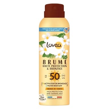 LOVEA - Brume Solaire FPS 50 - Haute Protection & Bronzage Visage & Corps - Activateur de Bronzage - Monoï De Tahiti - Protection UVA/UVB - Fini Invisible - Vegan - Fabriqué En France - 150 ml