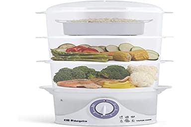 Orbegozo CO 4015 - Cuiseur vapeur électrique, sans BPA, 3 récipients empilables dont un spécial pour le riz, minuterie jusqu'à 60 minutes avec arrêt automatique, puissance de 800 W