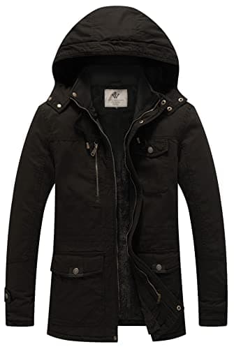 WenVen Homme Parka Hiver Chaude Manteau Grand Froid Veste Epaisse Manteau à Capuche Détachable Blouson Hiver Militaire Multi-Poche Noir L