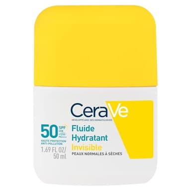 CeraVe, Fluide Hydratant Invisible SPF 50 Visage, Haute Protection Solaire Visage, Peaux Normales à Sèches, Hydratation 24H, Fini Invisible, Base de Maquillage, Glycérine & Vitamine E