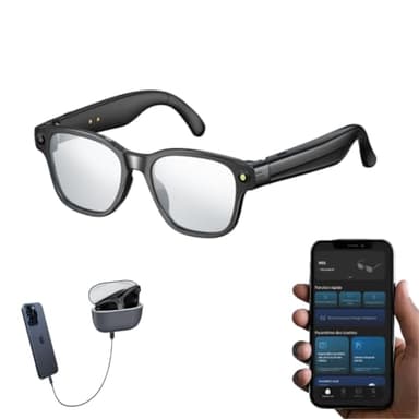 AI Lunettes Connectées Caméra 8MP, Boîtier De Charge 3600mAh, Bluetooth Connectées, Intelligence Artificiel, Lunettes Anti-lumière Bleue, Enregistrement Vidéo 1080p(Verre Photochromique+Boitier noir)