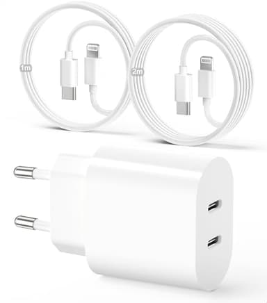 Chargeur Rapide iPhone Certifié Apple MFi - 25W USB C Chargeur avec [1m+2m] Câble Lightning pour iPhone 14/13/12/11/Pro Max Plus Mini SE XR X XS 8 7 6, 2Port Prise USB C, Power Delivery Charger USB-C