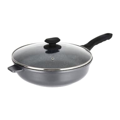 Sitram 714221 Sauteuse Fonte Aluminium Intérieur effet Pierre Ø28 cm, H7 cm - Revêtement anti-adhésif 2 couches sans PFOA, Couvercle Vapeur en Verre, Manche soft touch - Tous feux dont induction