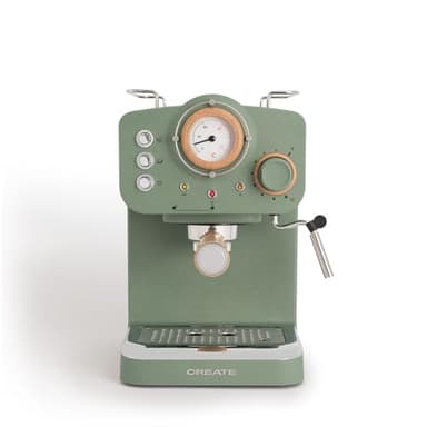 CREATE / THERA RETRO/Cafetière express semi-automatique vert sauge et bois / 20 bar, bras à double écoulement, réservoir 1,25L, café moulu et monodose ESE 55mm, avec steamer, 1100W