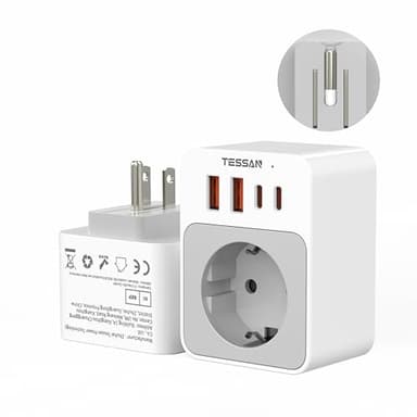 TESSAN Adaptateur Prise USA Pliable avec PD 20W, Adaptateur France vers USA avec 2 USB C et 2 USB A, Prise Americaine pour US, Canada, Thaïlande, Mexique, Type B