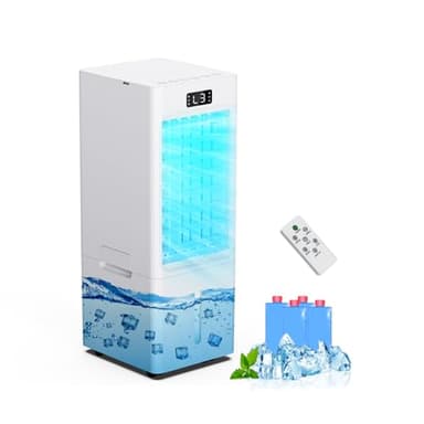 Climatiseur Mobile 4 en 1, Refroidisseur d'air, Humidificateur, loniseur, Réservoir 6L, avec 1-12H Minuterie, 3 Vitesses 4 Modes, 4 Pack Glacons,Télécommande, pour Maison Bureau Chambre