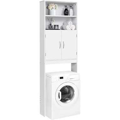 Yaheetech Meuble WC Dessus de Toilette/Machine à Laver, 72 x 20 x 195 cm, Armoire de Rangement de Salle de Bain, 2 Étagères Ouvertes et 1 Placard, Blanc